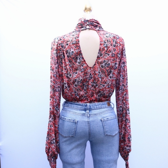 Free People All Dolled Up Red Floral Print Mesh Long Sleeve Crop Top, Size XS - Picture 2 of 10